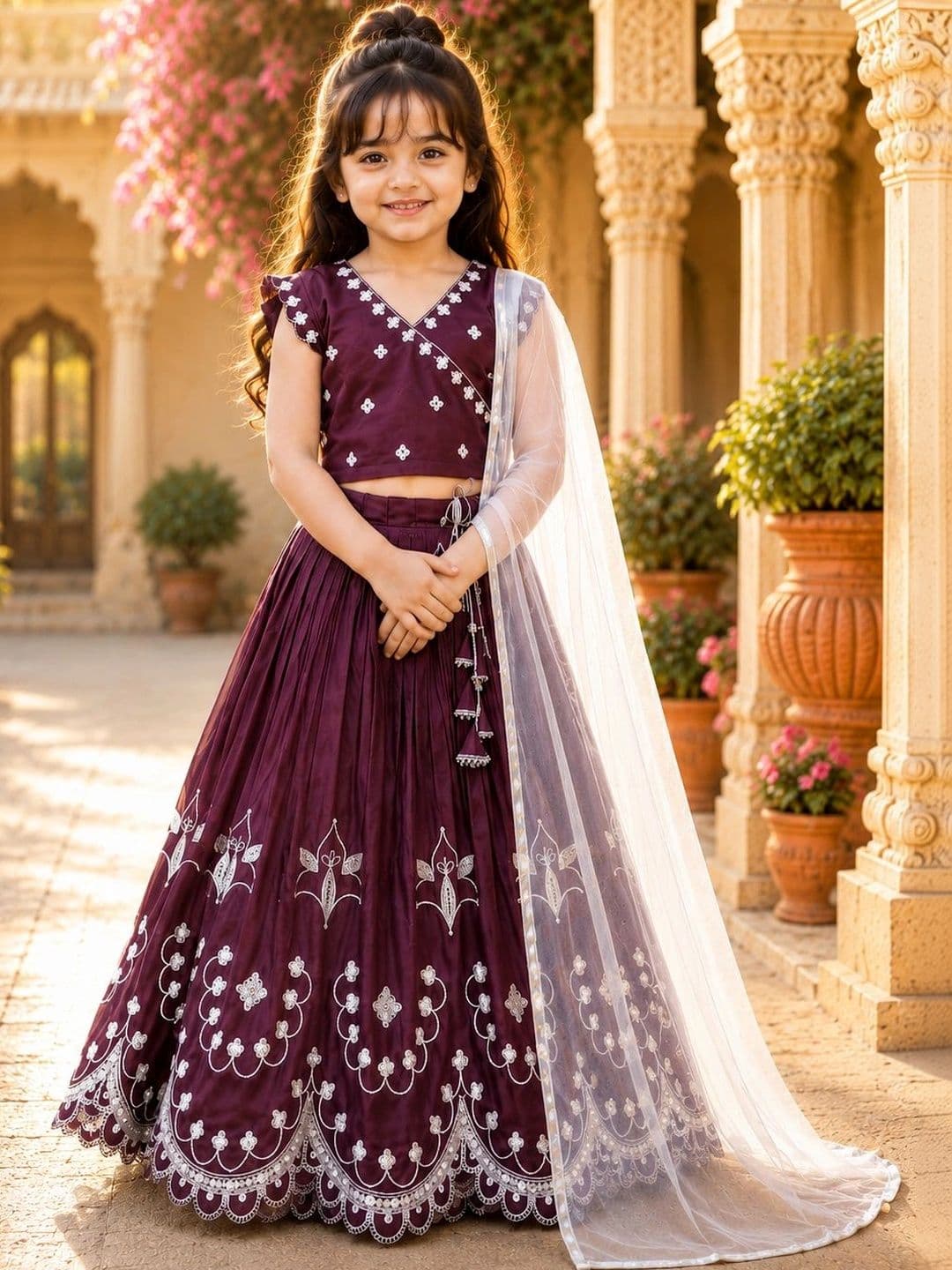 Sangria Girls Embellished Thread Work Ready to Wear Lehenga & - view 1