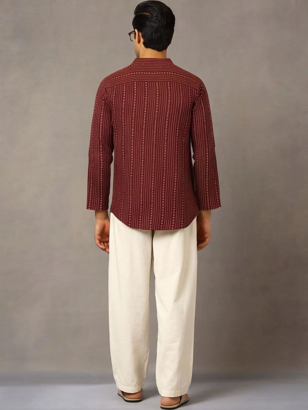 Navibhu Woven Design Striped Cotton Handloom Mandarin Collar Short Kurta thumbnail 4