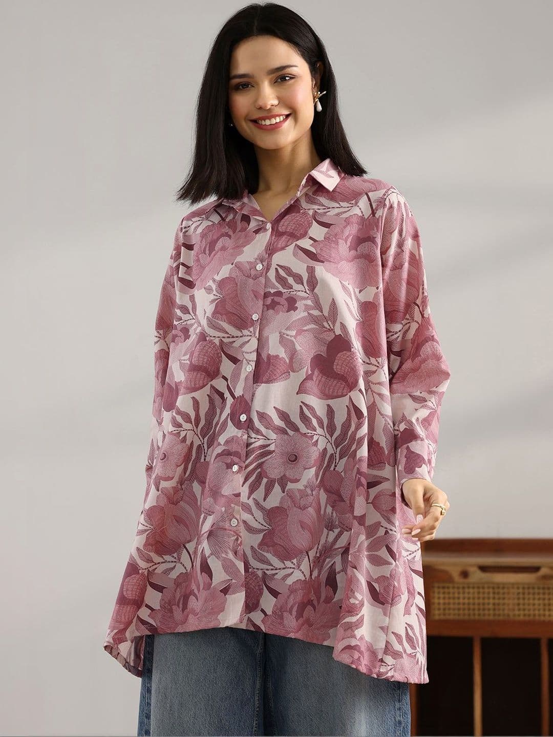 Libas Women Mauve Printed Cotton A-Line Shorti Kurti - view 1