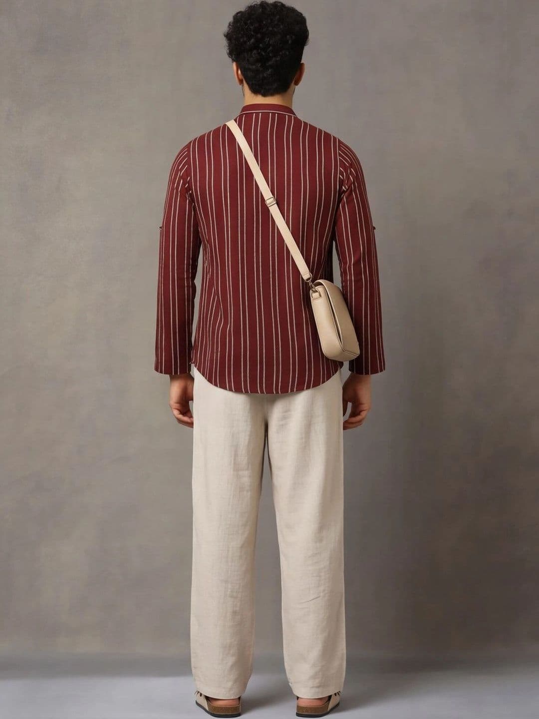Navibhu Woven Design Striped Cotton Handloom Mandarin Collar Short Kurta thumbnail 2