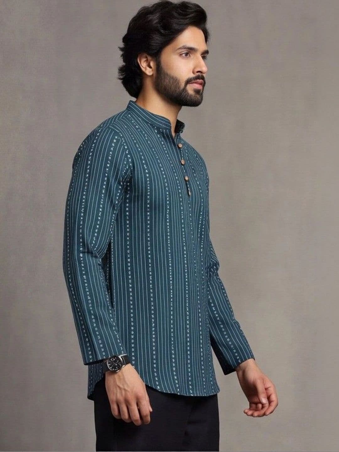Navibhu Woven Design Striped Cotton Handloom Mandarin Collar Short Kurta thumbnail 2
