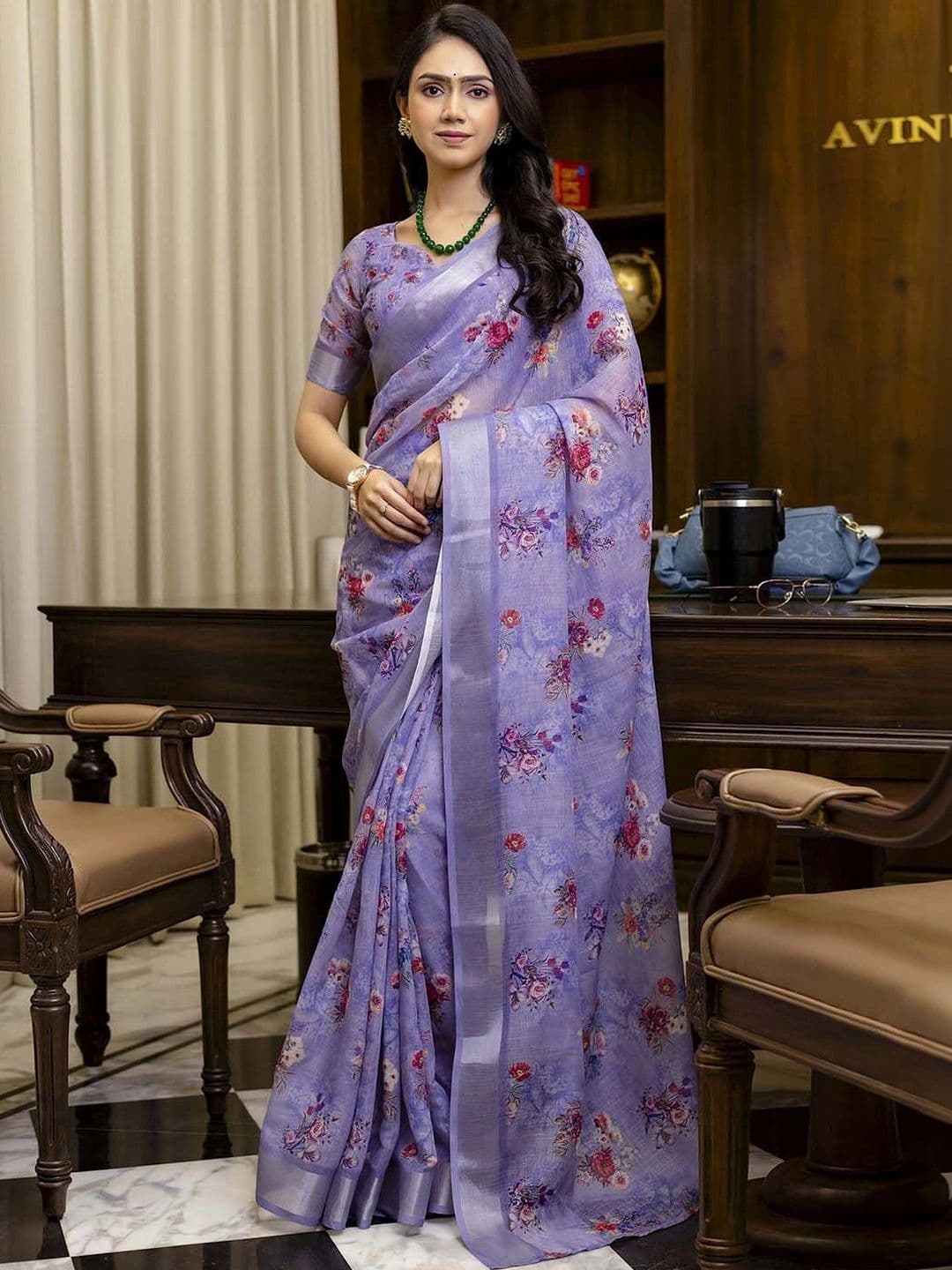 KALINI Floral Zari Pure Linen Fusion Saree - view 1