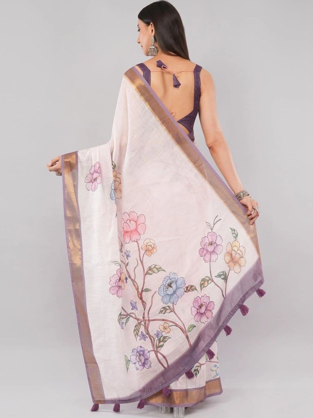 SAMANTHA Floral Zari Linen Blend Saree thumbnail 2