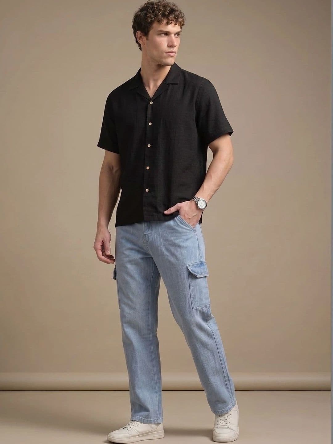 HERE&NOW Men's Light Wash Mid-Rise Cargo Relaxed Straight Jeans thumbnail 3