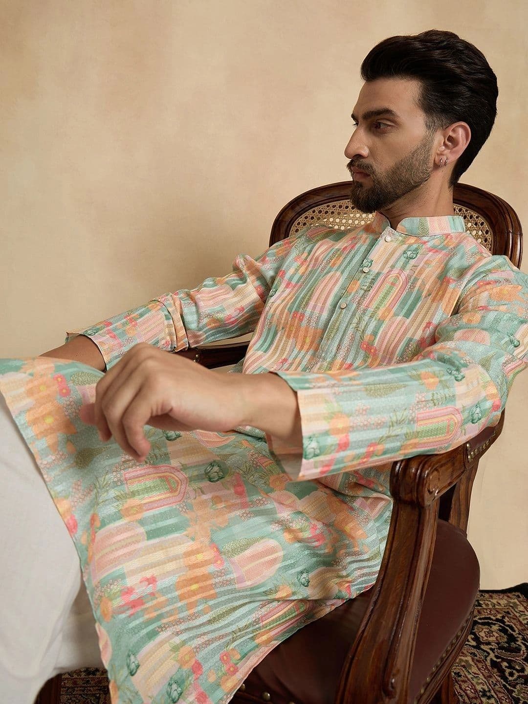 House of Pataudi Motifs Printed Mandarin Collar Knee Length Straight Kurta - view 1