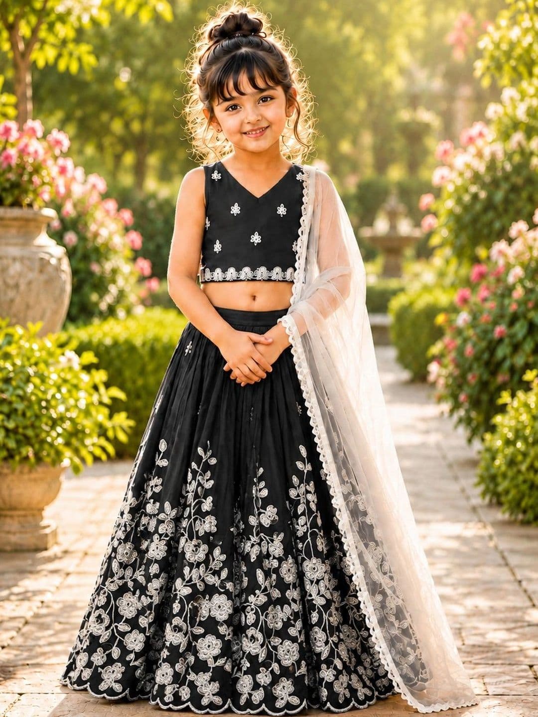 Sangria Girls Embroidered Thread Work Ready to Wear Lehenga & Blouse With Dupatta - view 1