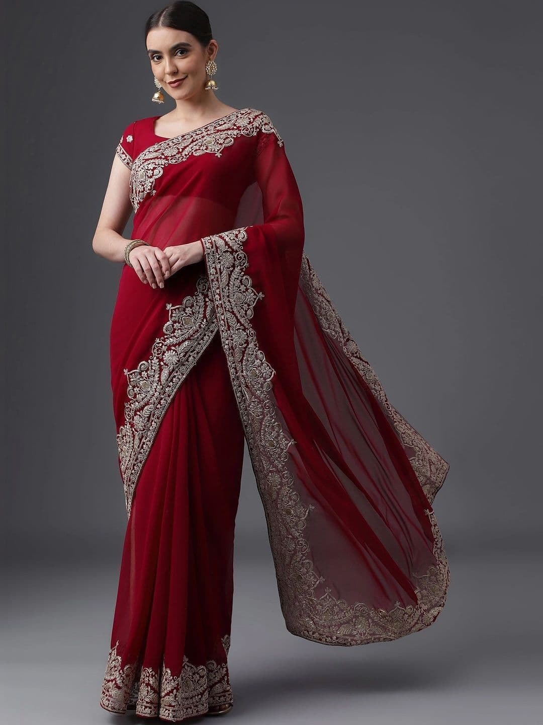 kasee Floral Embroidered Poly Georgette Designer Saree - view 1
