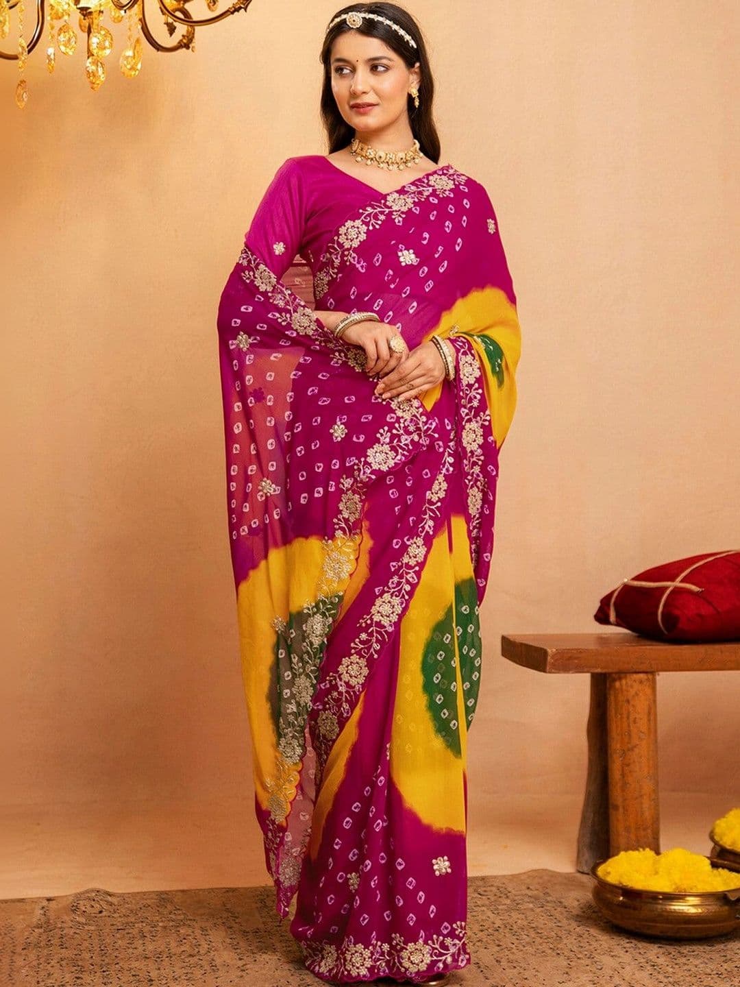 KALINI Bandhani Embroidered Pure Georgette Fusion Bandhani Saree thumbnail 6