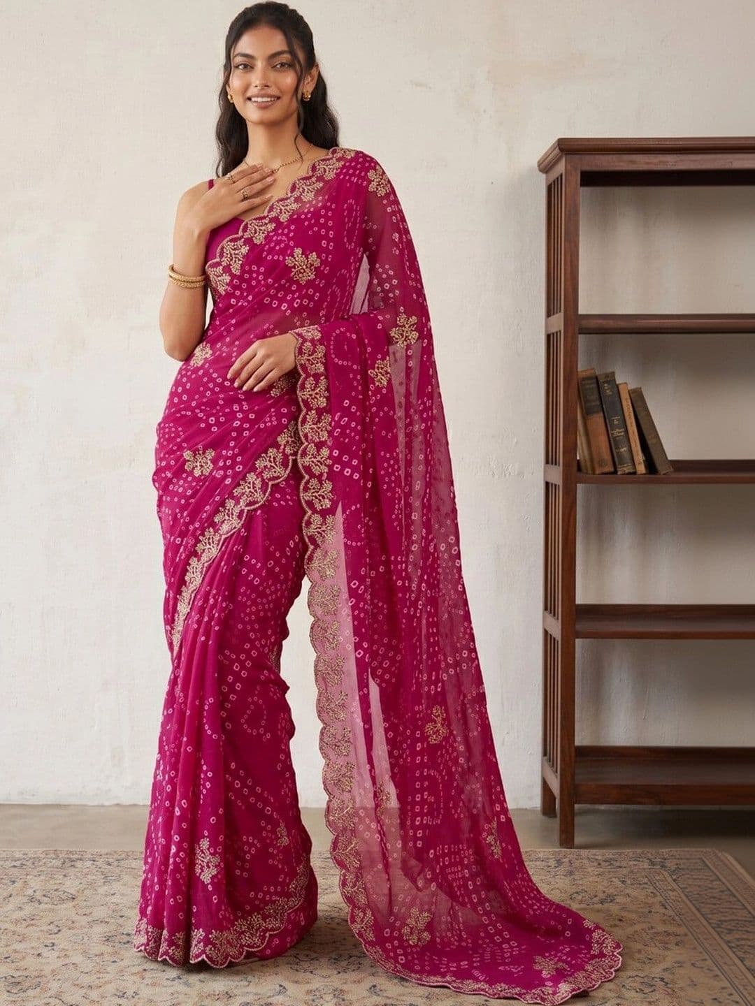 DRIP CHOWK Bandhani Embroidered Pure Georgette Fusion Bandhani Saree thumbnail 2