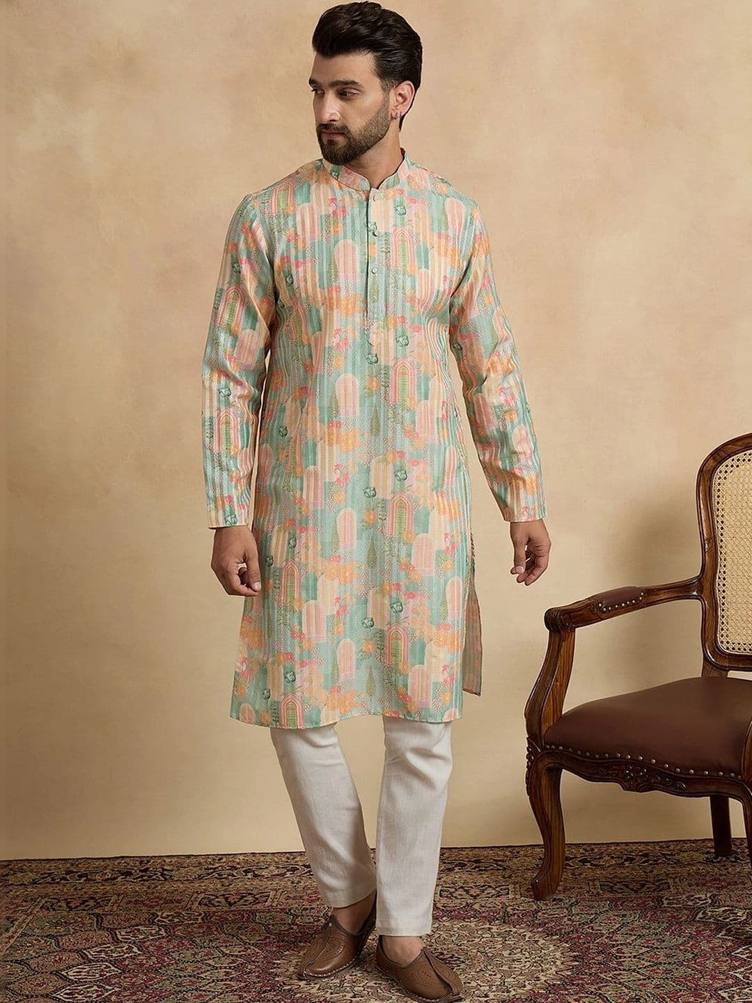 House of Pataudi Motifs Printed Mandarin Collar Knee Length Straight Kurta thumbnail 2