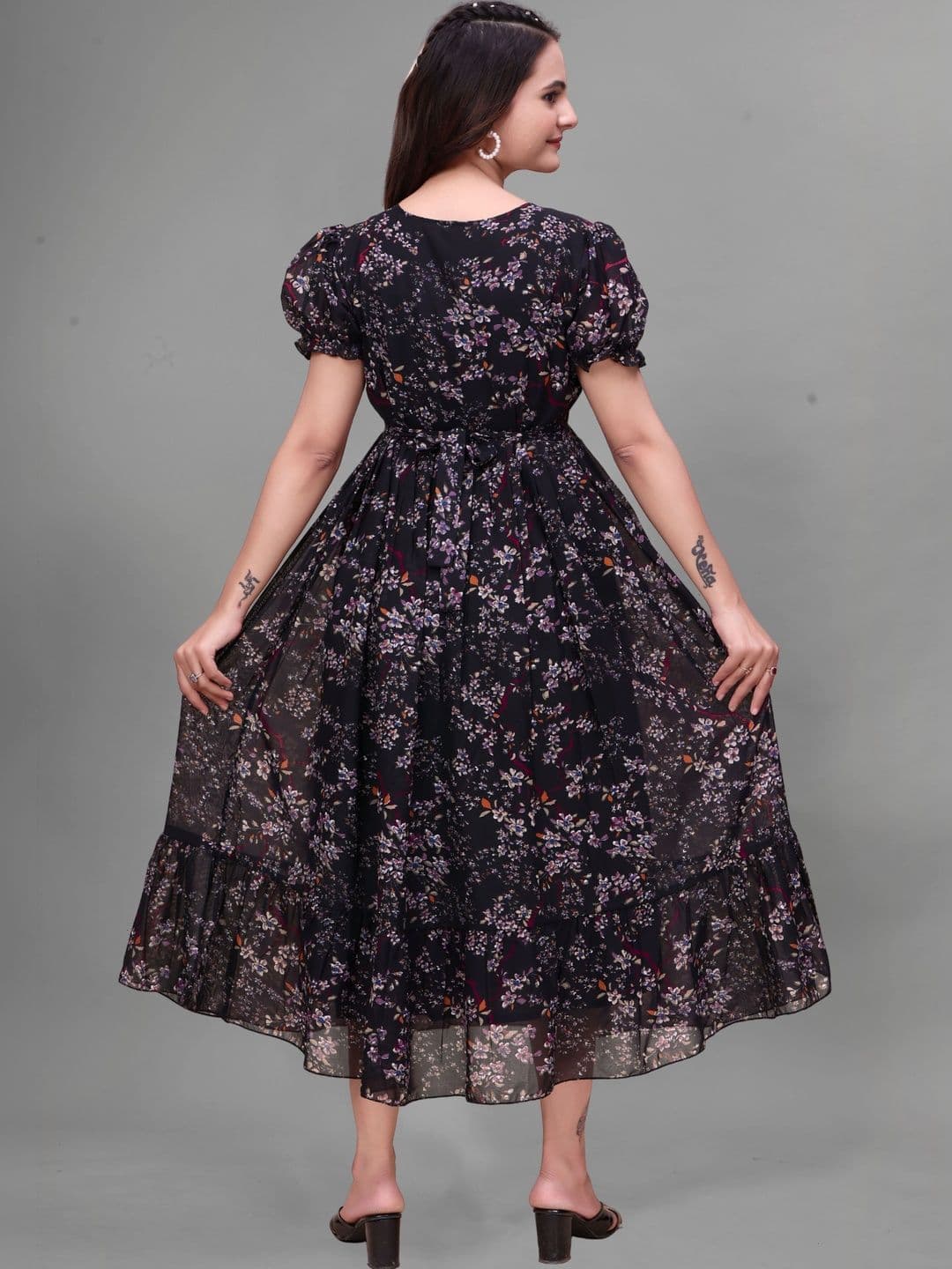 QENA Floral Print Puff Sleeve Georgette A-Line Midi Dress thumbnail 5