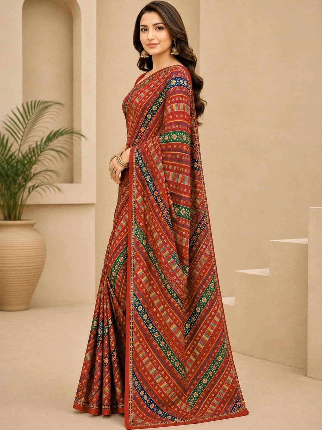 SAMANTHA Striped Poly Georgette Leheriya Saree thumbnail 3