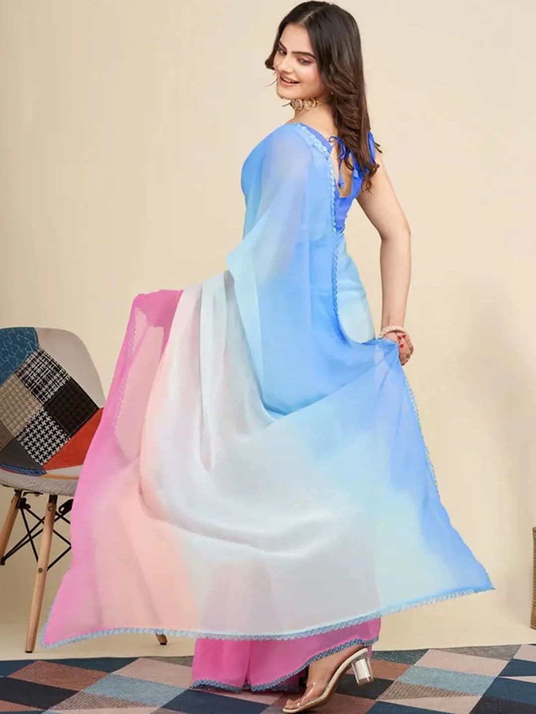 VS MALL Ombre Poly Georgette Half and Half Saree thumbnail 3