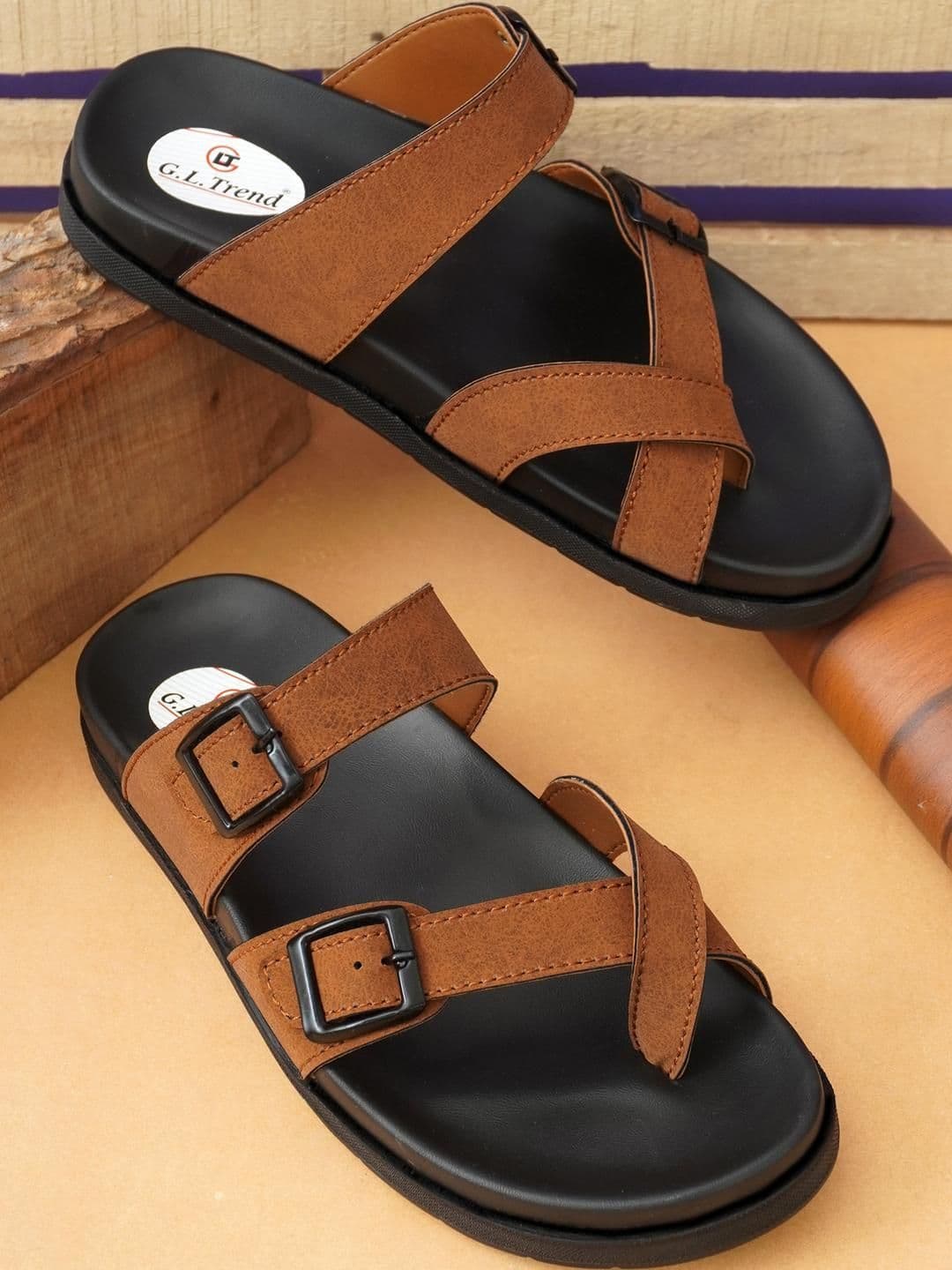 G L Trend Men Tan Leather Casual Comfort Orthopedic Slip-On Sandals - view 1