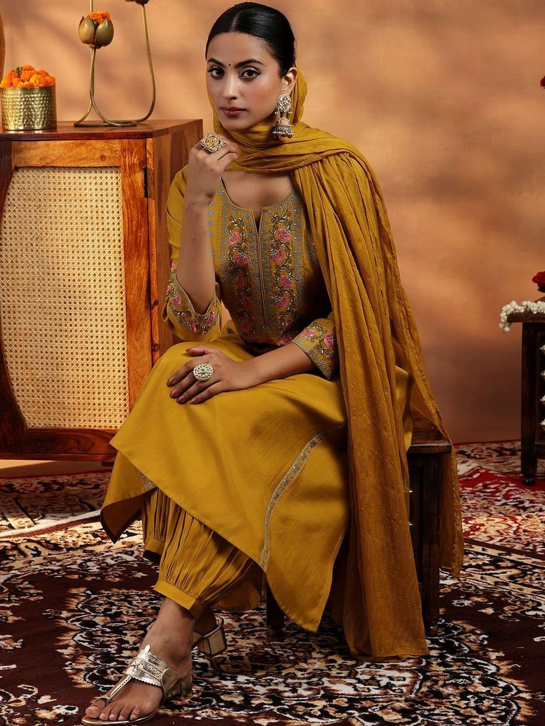 Libas Women Floral Embroidered Panelled Thread Work Kurta with Salwar & With Dupatta - view 1