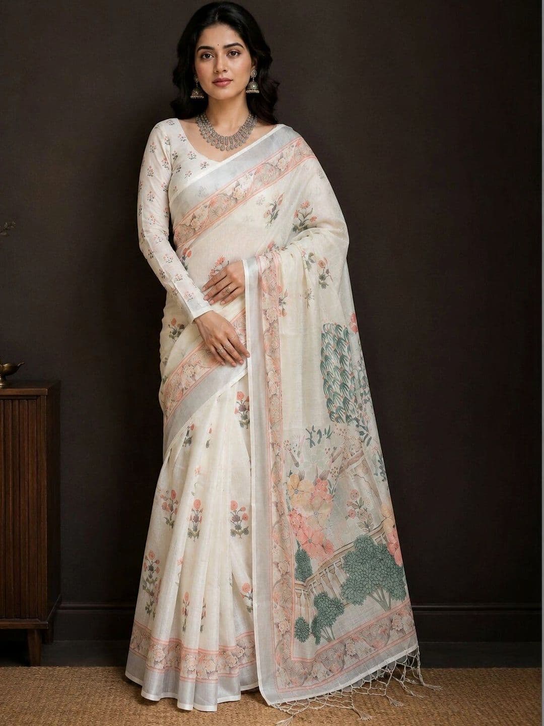 Moda Rapido Floral Linen Blend Bhagalpuri Saree - view 1