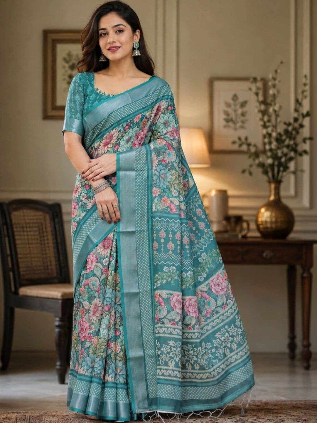 Moda Rapido Floral Linen Blend Bhagalpuri Saree - view 1