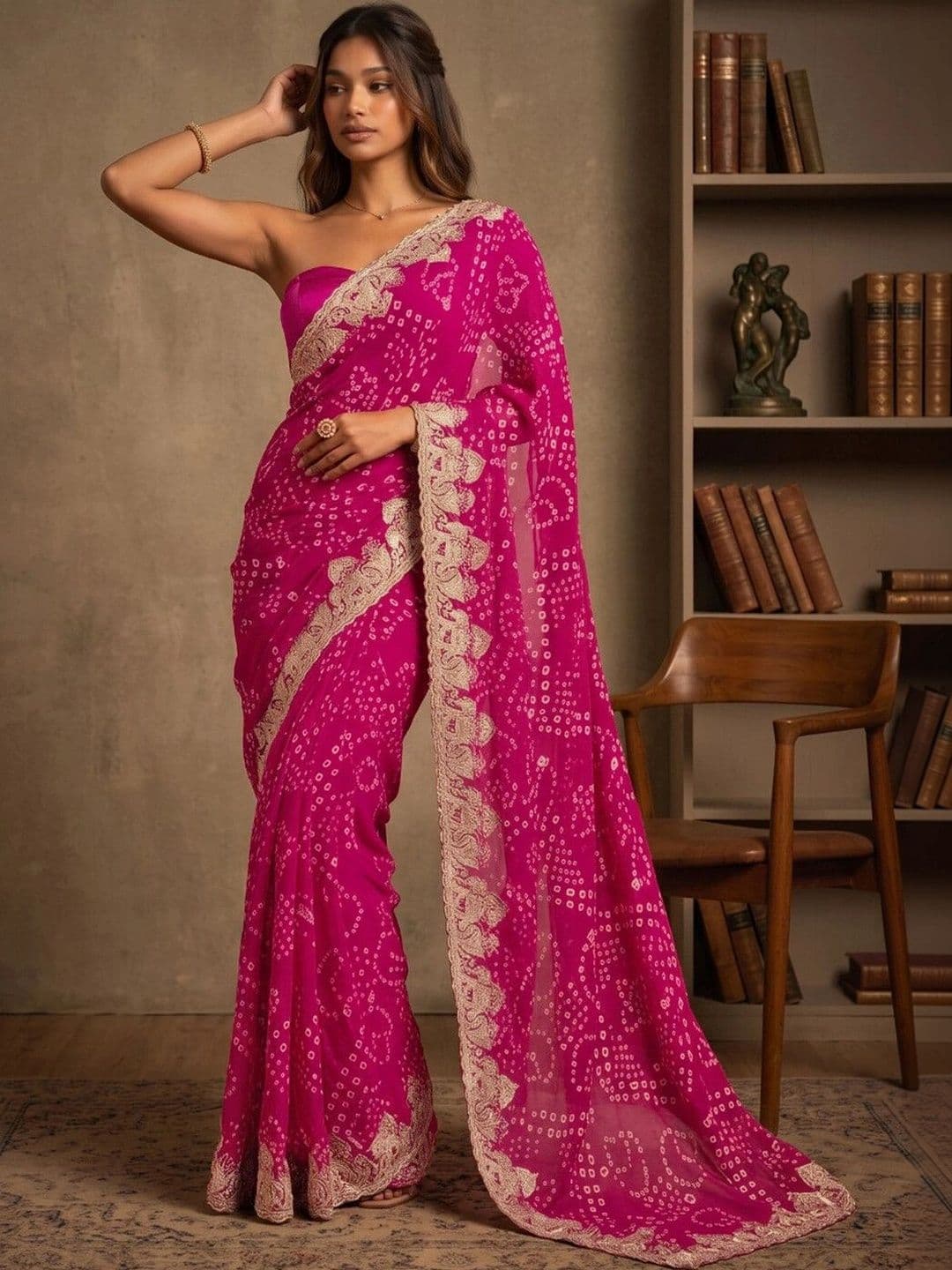 DRIP CHOWK Bandhani Embroidered Pure Georgette Fusion Bandhani Saree thumbnail 5
