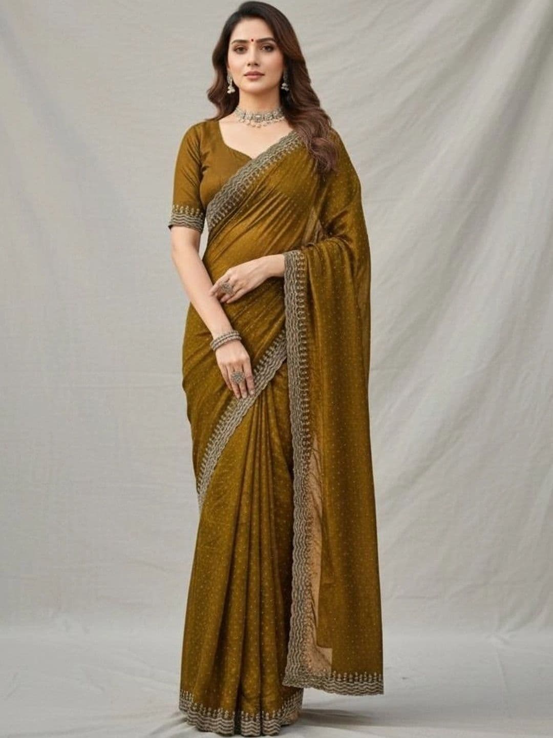 RENBRIZA Polka Dot Embroidered Net Saree - view 1