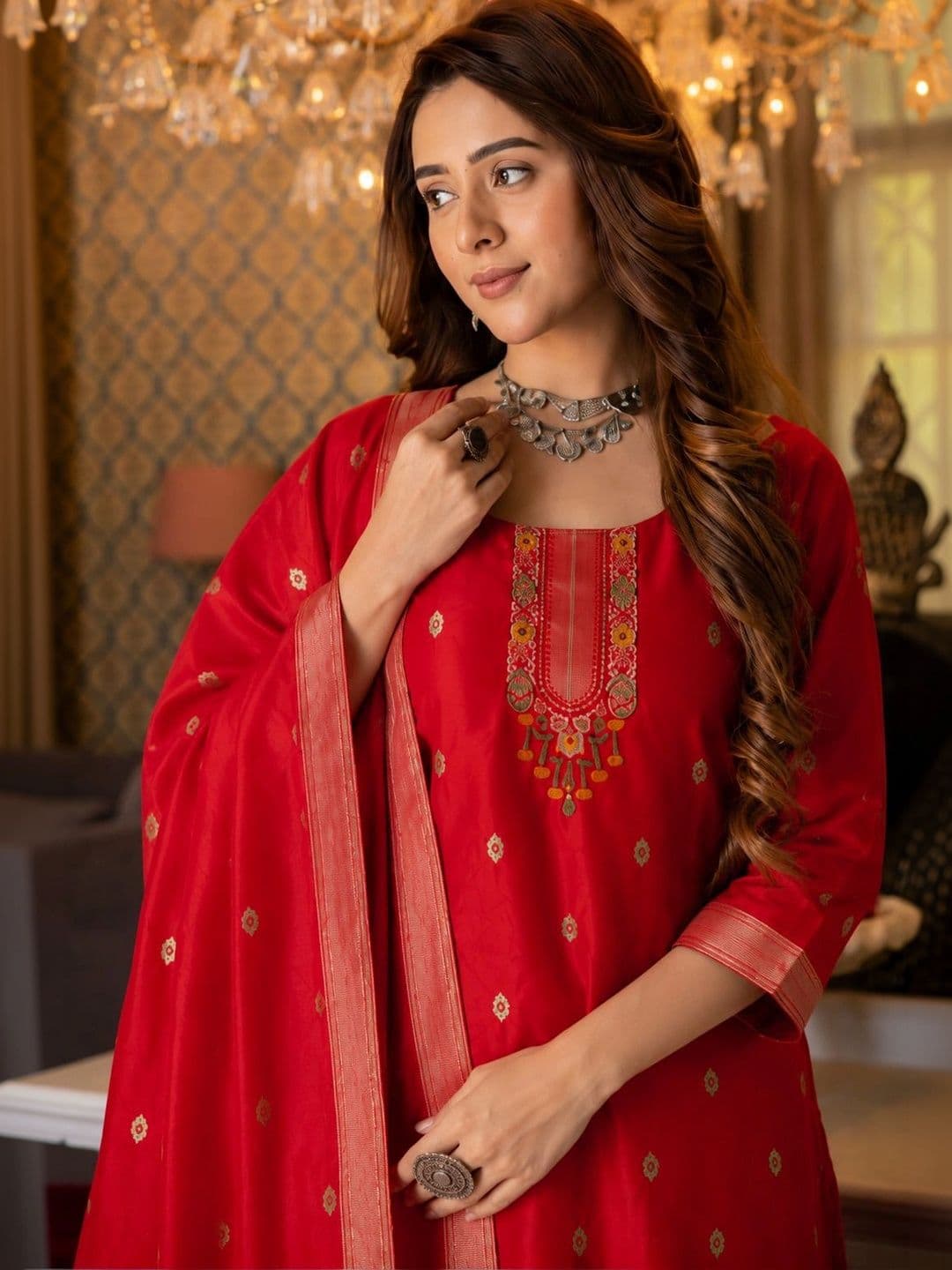 Veera Collection Women  Regular Thread Work Kurta with Trousers & With Dupatta thumbnail 2