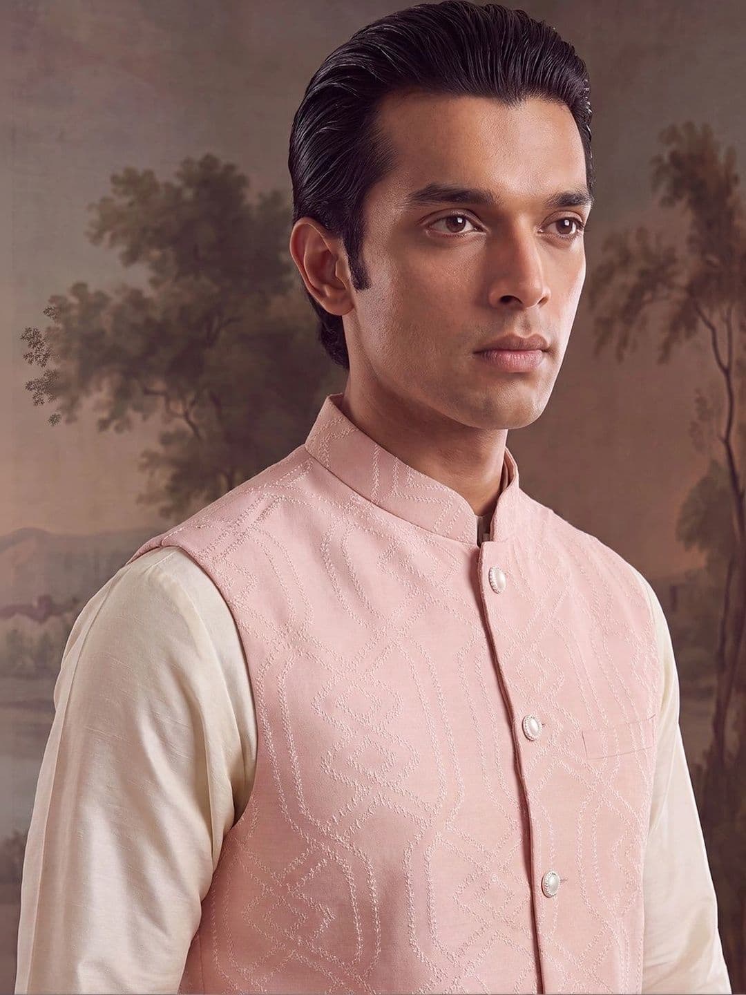 House of Pataudi Jacquard Woven Design Mandarin Collar Koti thumbnail 6