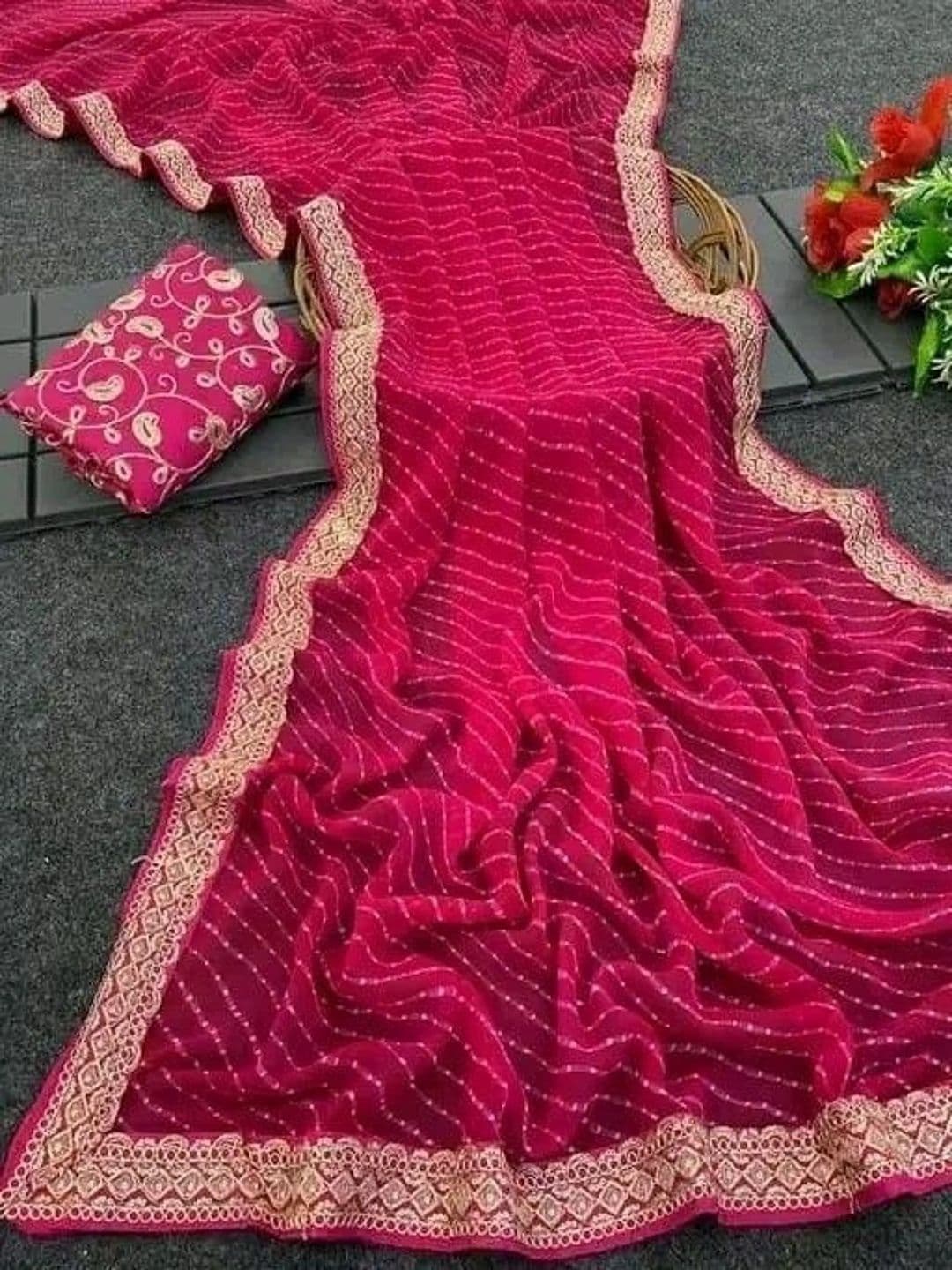 RENBRIZA Leheriya Embroidered Poly Georgette Saree thumbnail 2