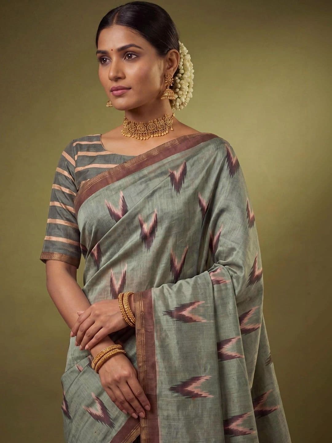 SAMANTHA Dabu Zari Silk Blend Ikat Saree thumbnail 7