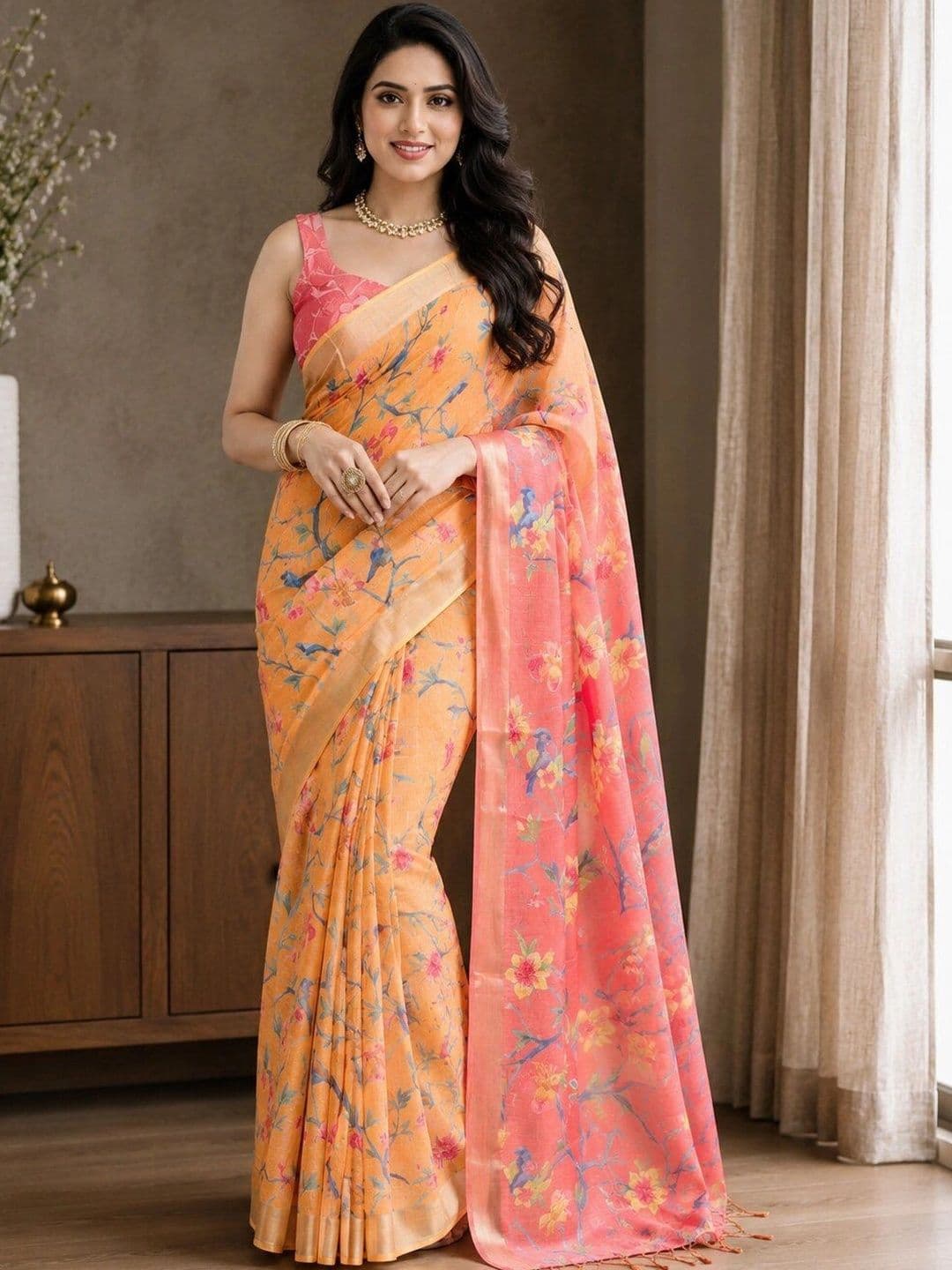 Moda Rapido Floral Linen Blend Bhagalpuri Saree - view 1