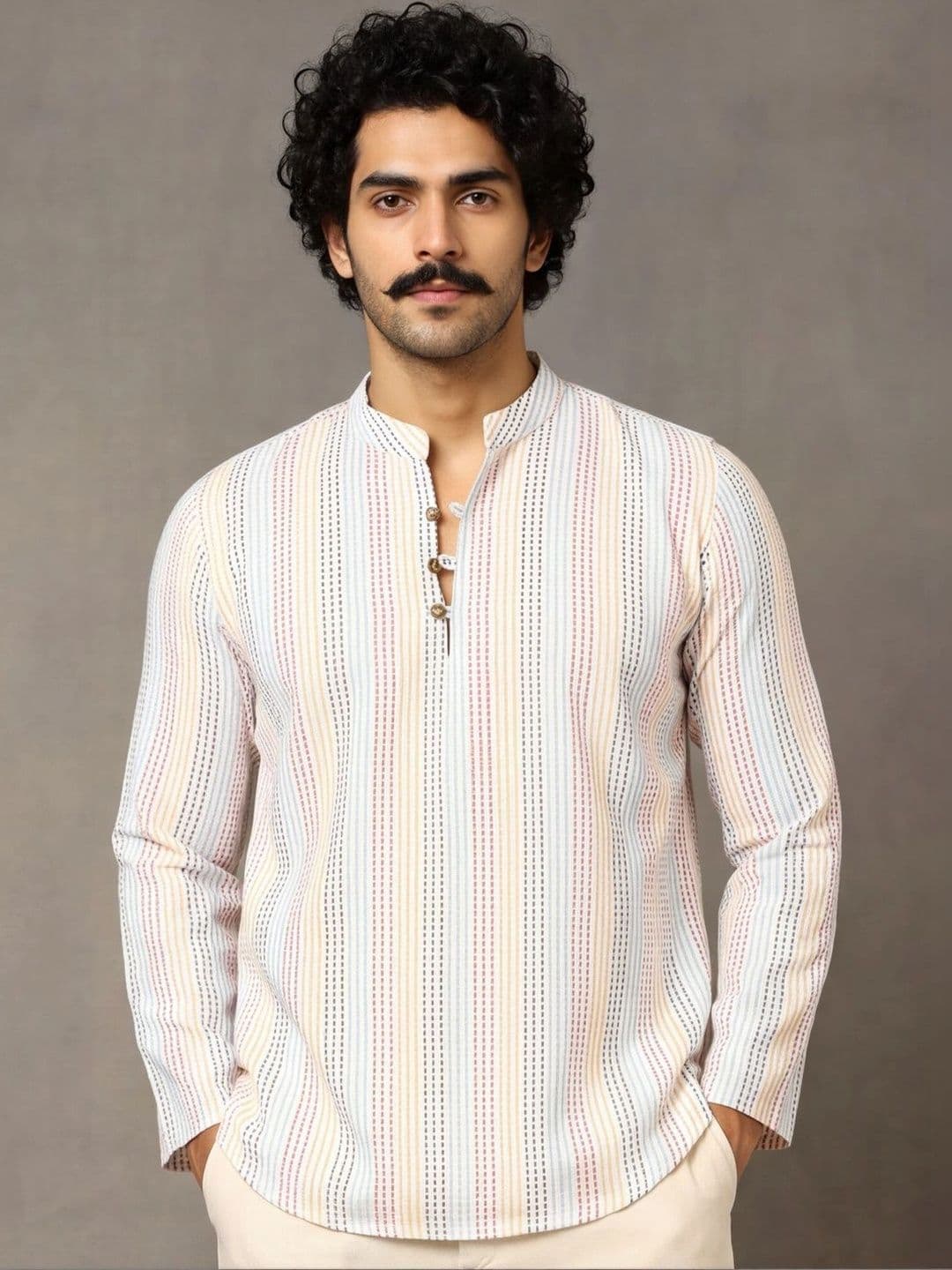 Navibhu Woven Design Striped Cotton Handloom Mandarin Collar Short Kurta thumbnail 2