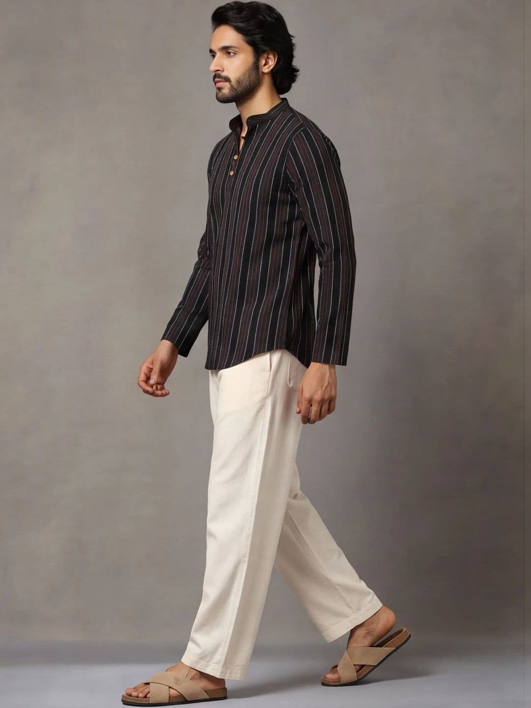 Navibhu Woven Design Striped Cotton Handloom Mandarin Collar Short Kurta thumbnail 2
