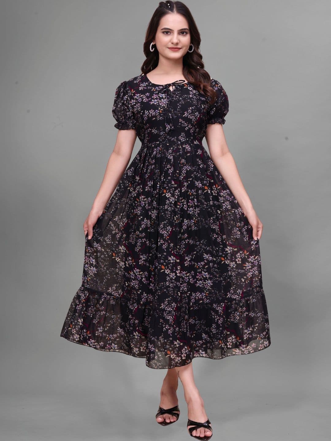 QENA Floral Print Puff Sleeve Georgette A-Line Midi Dress - view 1