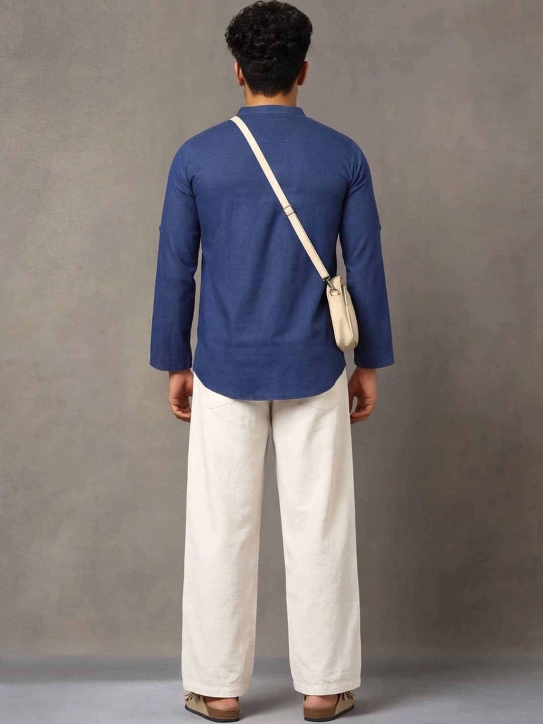 Navibhu Woven Design Solid Cotton Handloom Mandarin Collar Short Kurta thumbnail 5