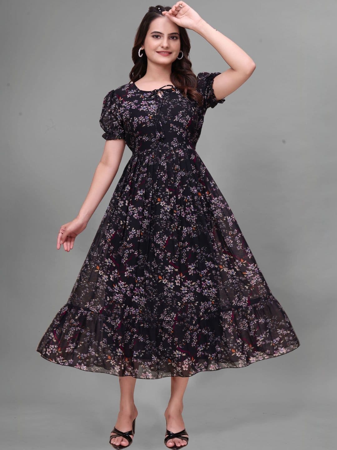 QENA Floral Print Puff Sleeve Georgette A-Line Midi Dress thumbnail 2