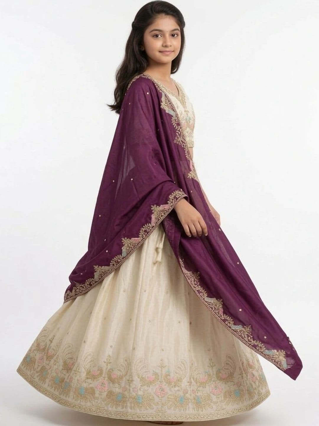 Closin Girls Embroidered Thread Work Ready to Wear Lehenga & Unstitched Blouse With Dupatta thumbnail 4