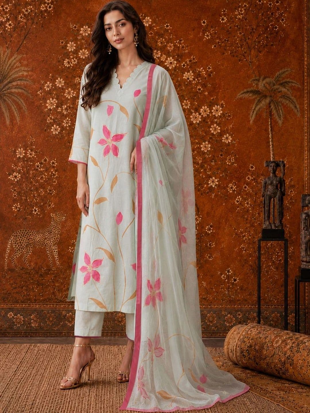 Sangria Women Floral Printed Regular Kurta with Trousers & With Dupatta - view 1