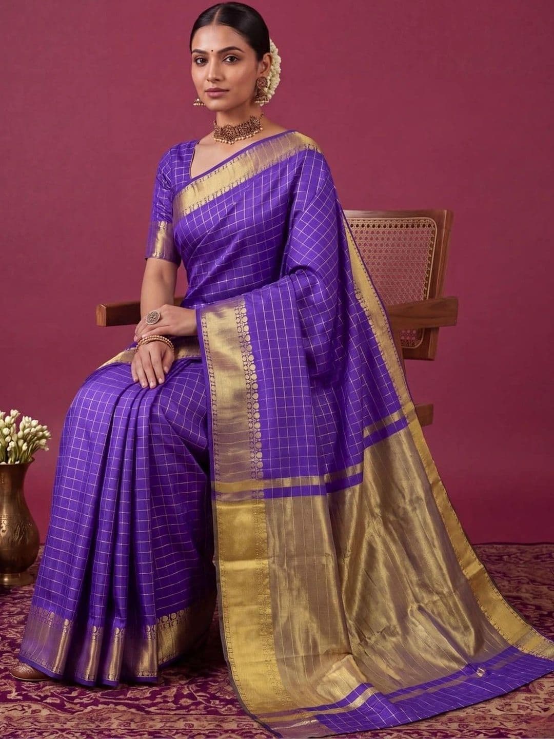 SAMANTHA Checked Zari Silk Blend Bomkai silk Saree thumbnail 4