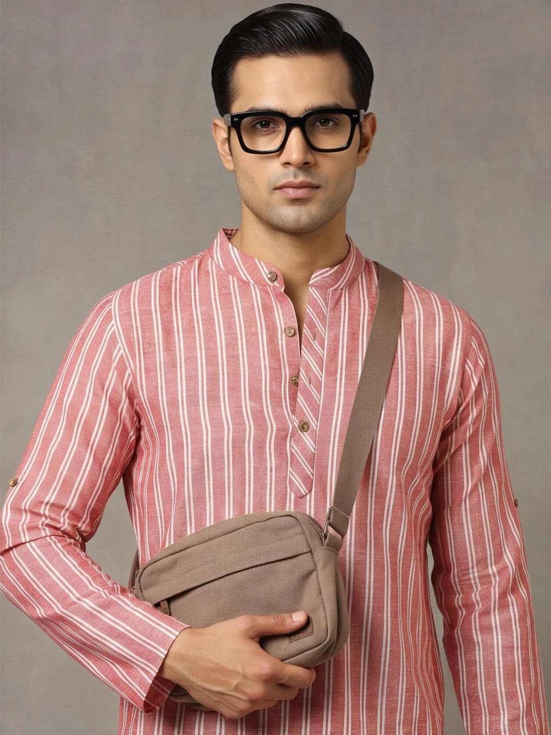 Navibhu Woven Design Striped Cotton Handloom Mandarin Collar Short Kurta thumbnail 7