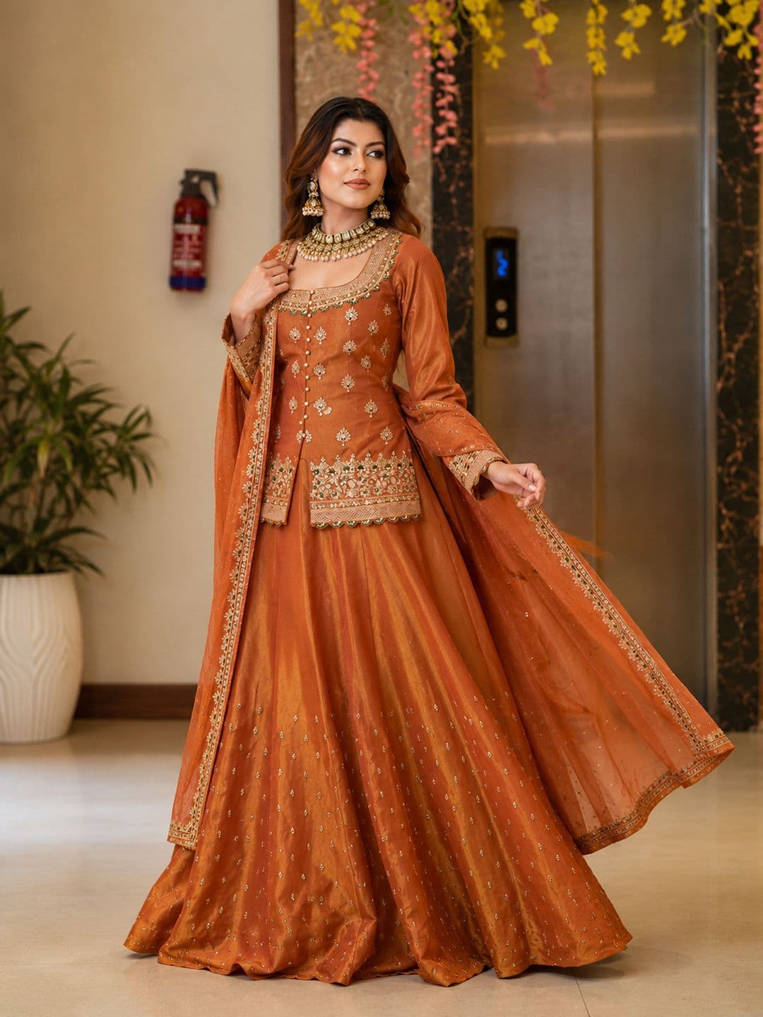 KRYSAL Motifs Embroidered Thread Work Chanderi Silk Kurta with Skirt & With Dupatta thumbnail 3