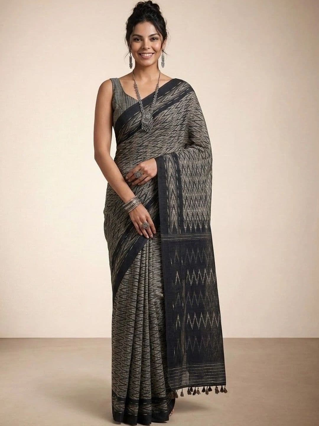 Anouk Woven Design Linen Blend Ikat Saree - view 1