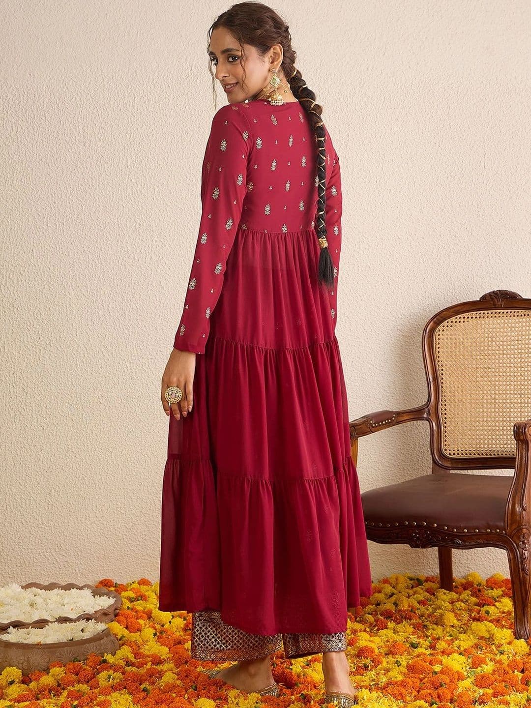 Janasya Women Maroon Georgette Embellished Gold Printed Front-Open Tiered Kurta Pant Set thumbnail 6