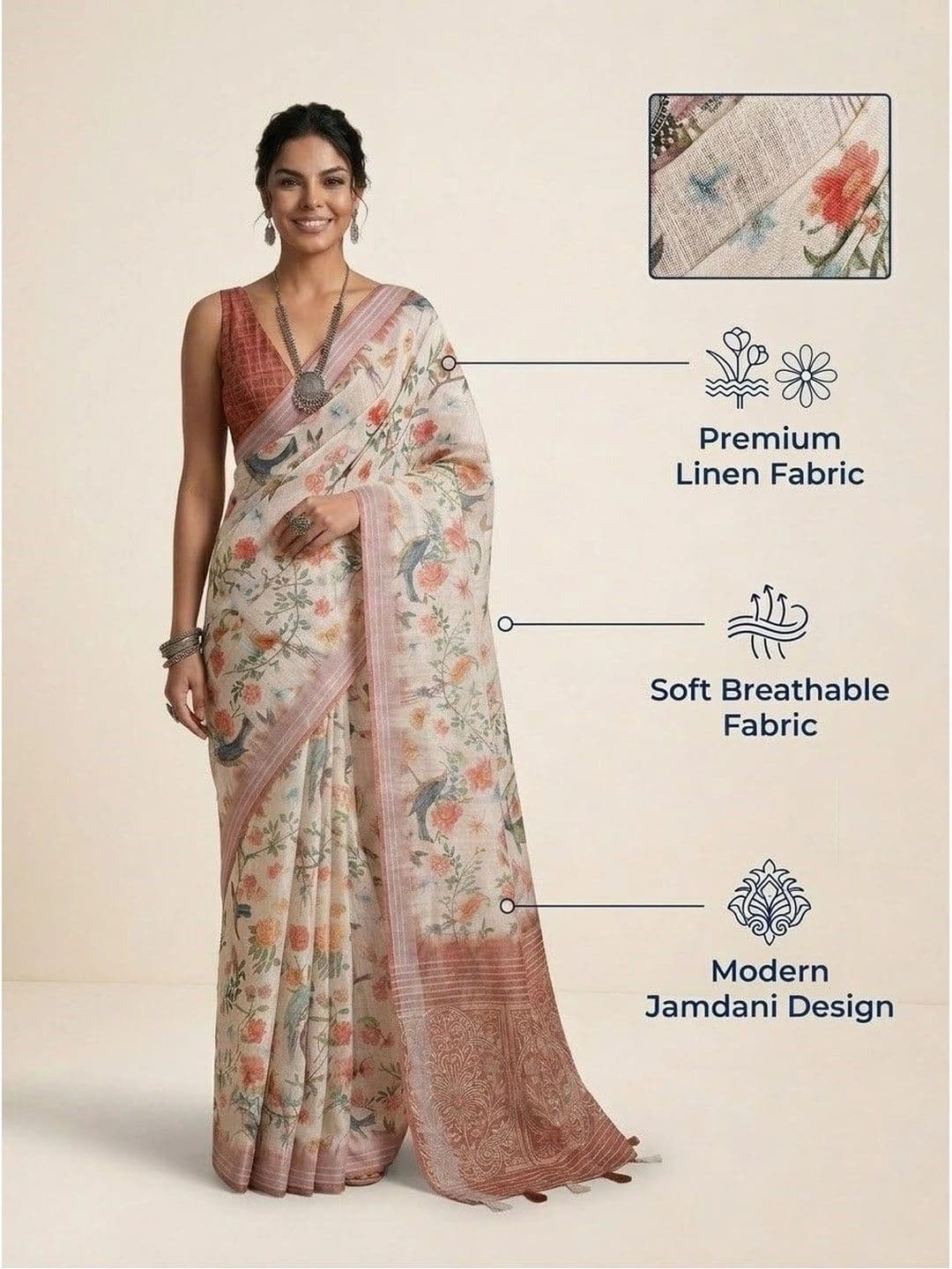 Anouk Floral Pure Linen Jamdani Saree thumbnail 6