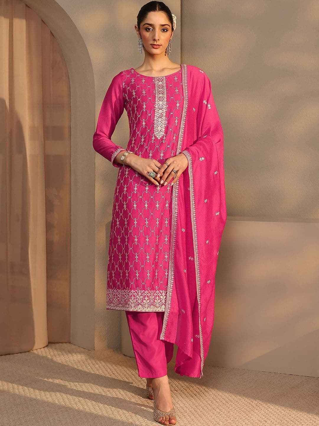 Libas Women Ethnic Motifs Embroidered Regular Thread Work Kurta with Trousers & With Dupatta thumbnail 4
