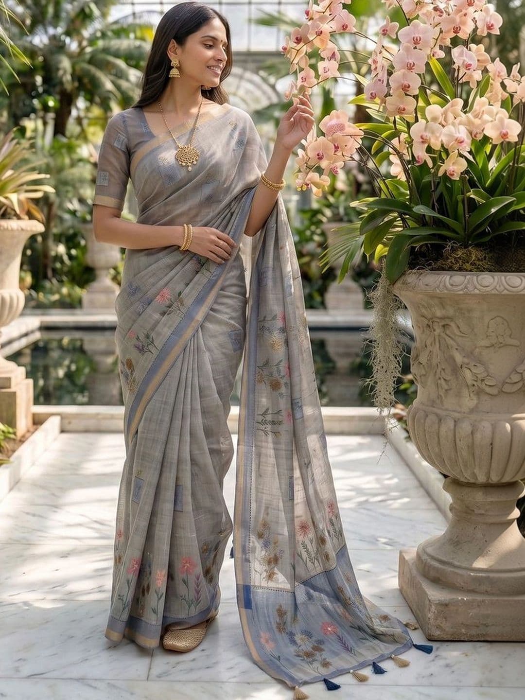 OLIVE SAGE Floral Linen Blend Tussar Saree thumbnail 3