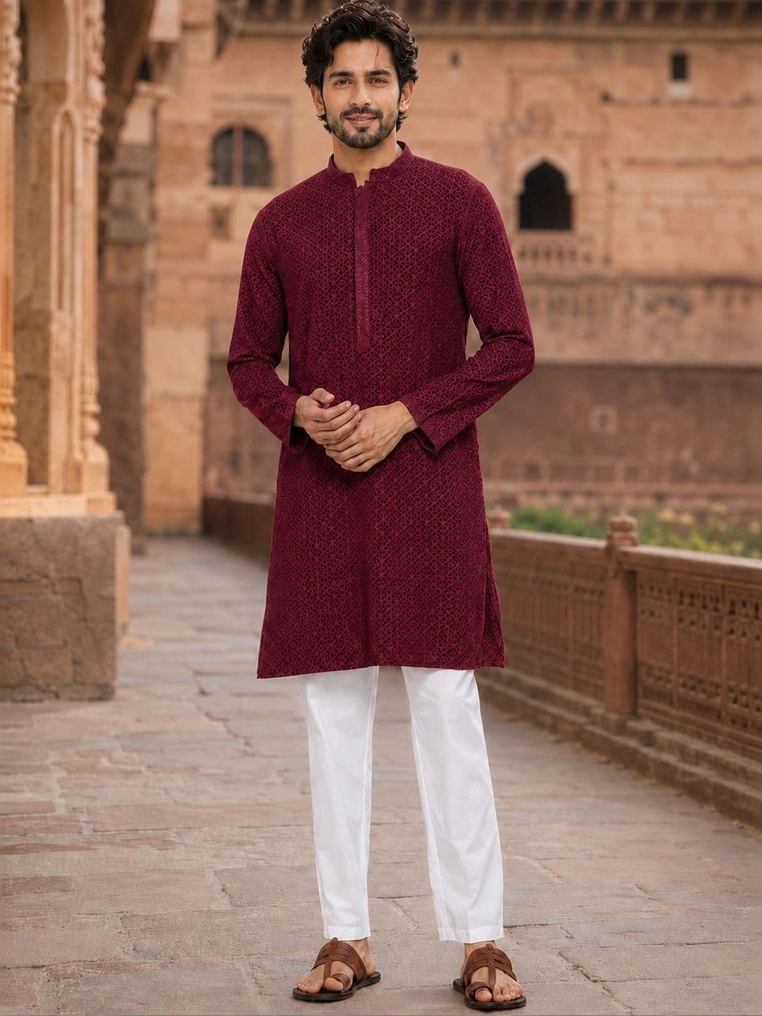 See Designs Geometric Embroidered Mandarin Collar Chikankari Straight Kurta - view 1