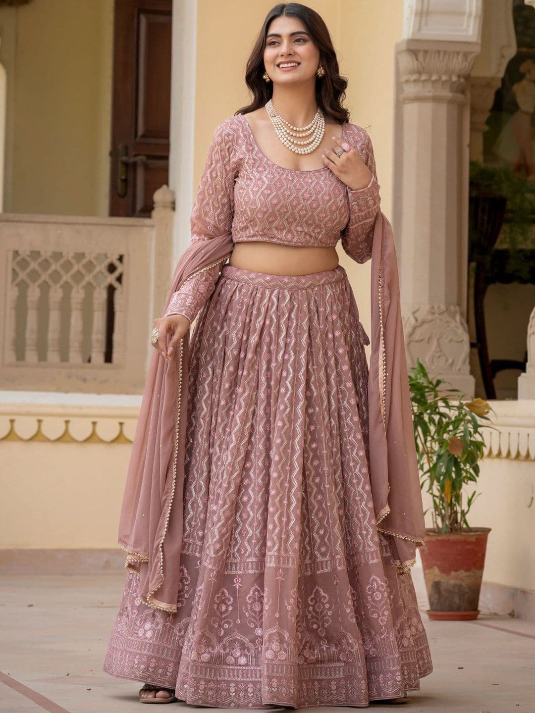 House of Pataudi Embroidered Round Neck Flared Lehenga Choli - view 1