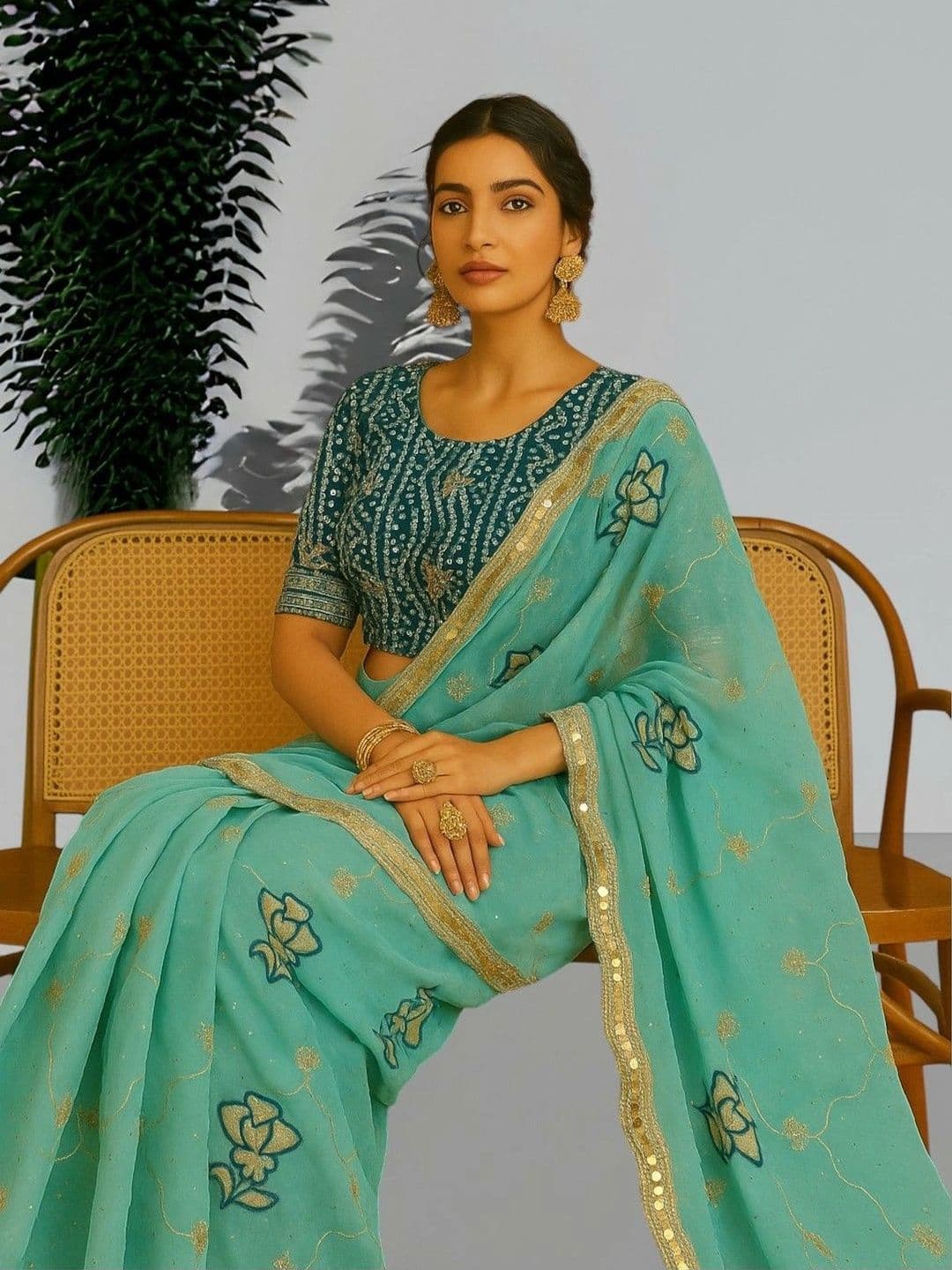 SmileyFashion Floral Embroidered Poly Georgette Saree - view 1