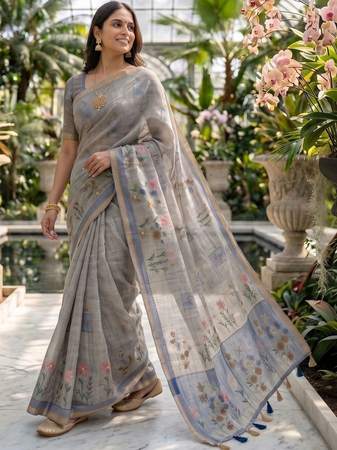OLIVE SAGE Floral Linen Blend Tussar Saree thumbnail 2