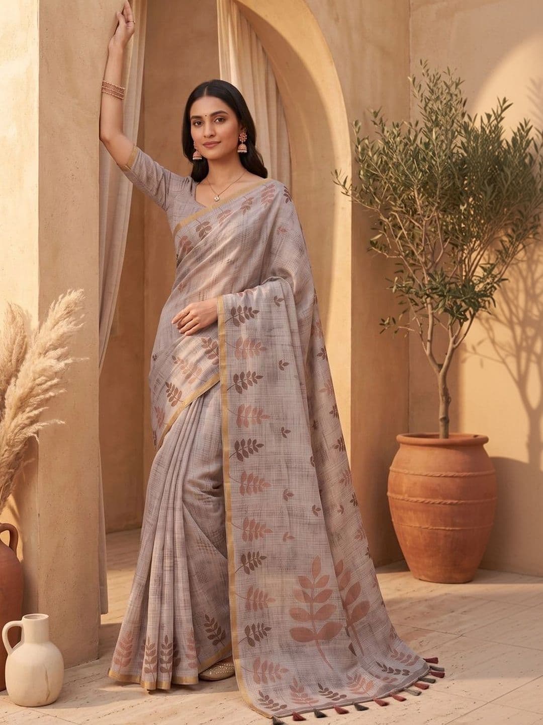 OLIVE SAGE Floral Linen Blend Tussar Saree - view 1
