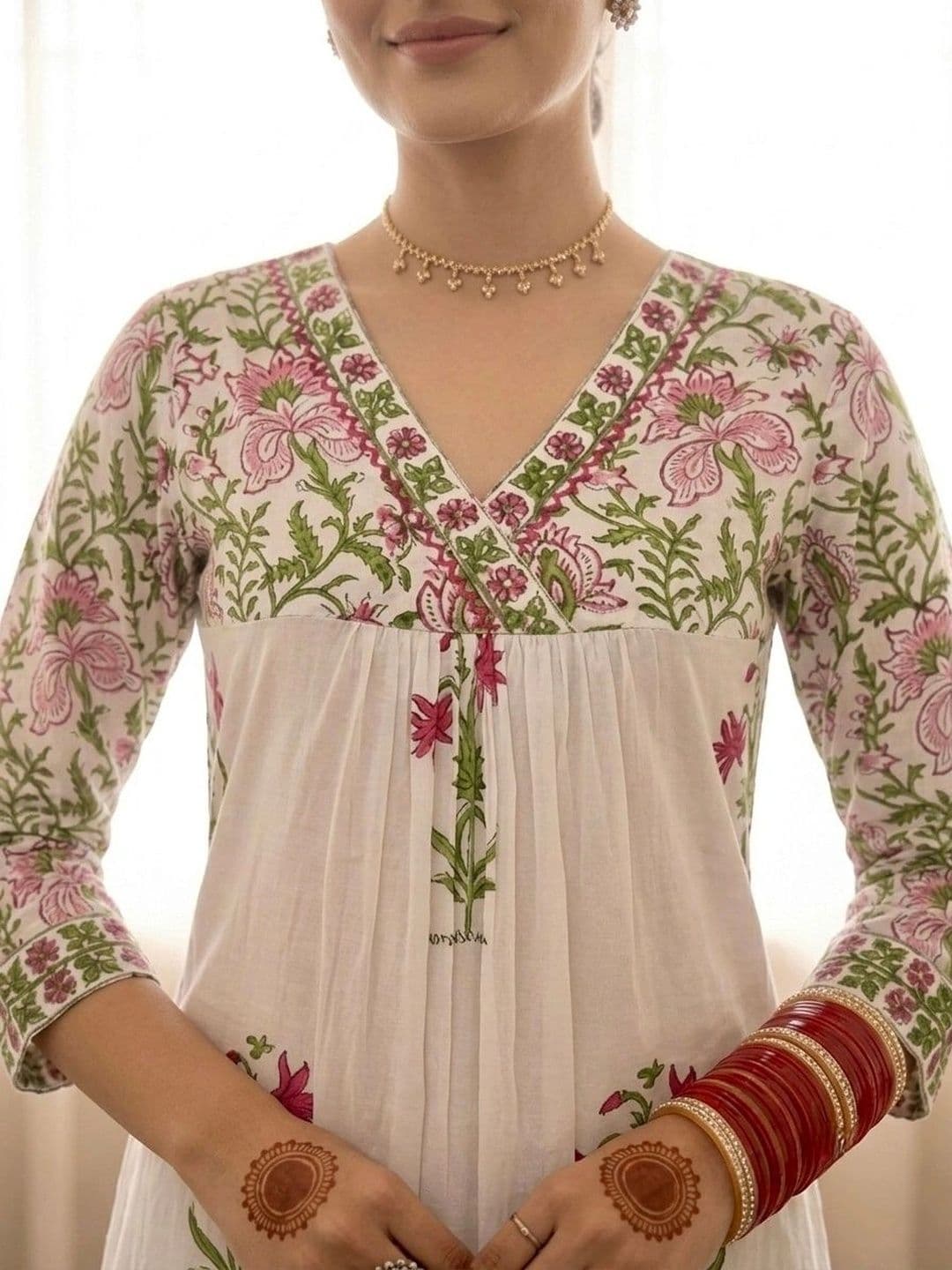 SHEMAIAH Women Floral Printed Empire Pure Cotton Kurta with Trousers & With Dupatta thumbnail 3