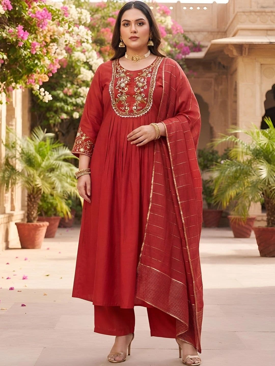 Nayo Women Ethnic Motifs Embroidered Pleated Gotta Patti Chanderi Silk Kurta with Trousers & With Dupatta - view 1